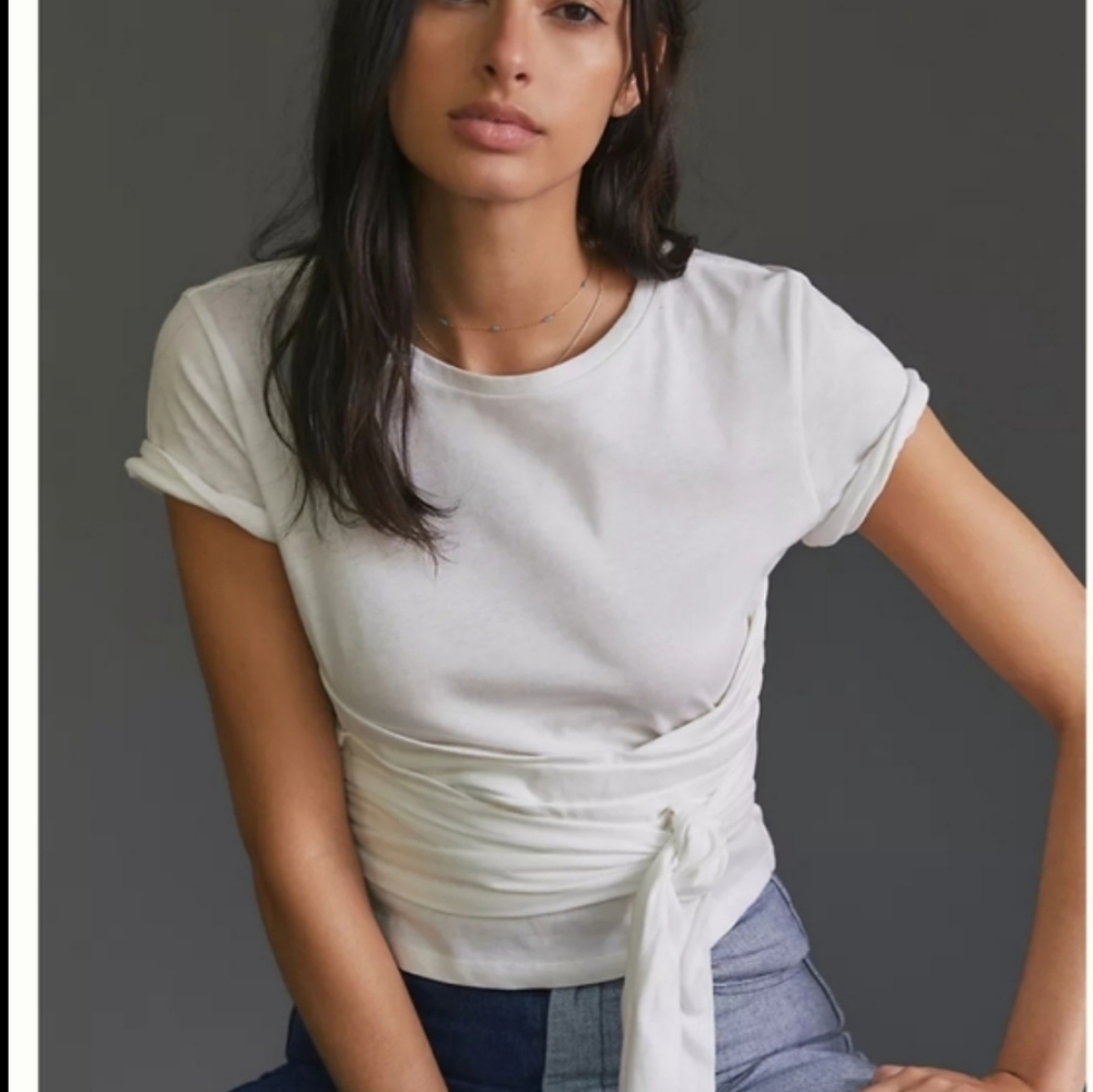 Anthropologie White Short-Sleeve Wrap Tee